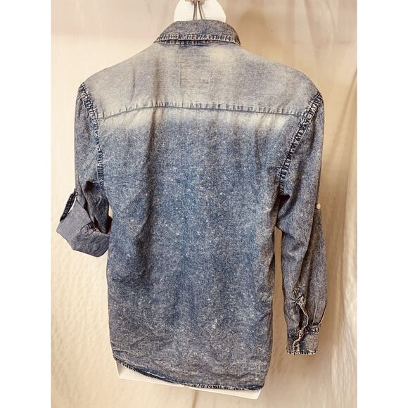 DRILL Clothing Company NYC Snap Distressed Blue 44" Chest Tab Sleeve Splatter - Picture 5 of 16